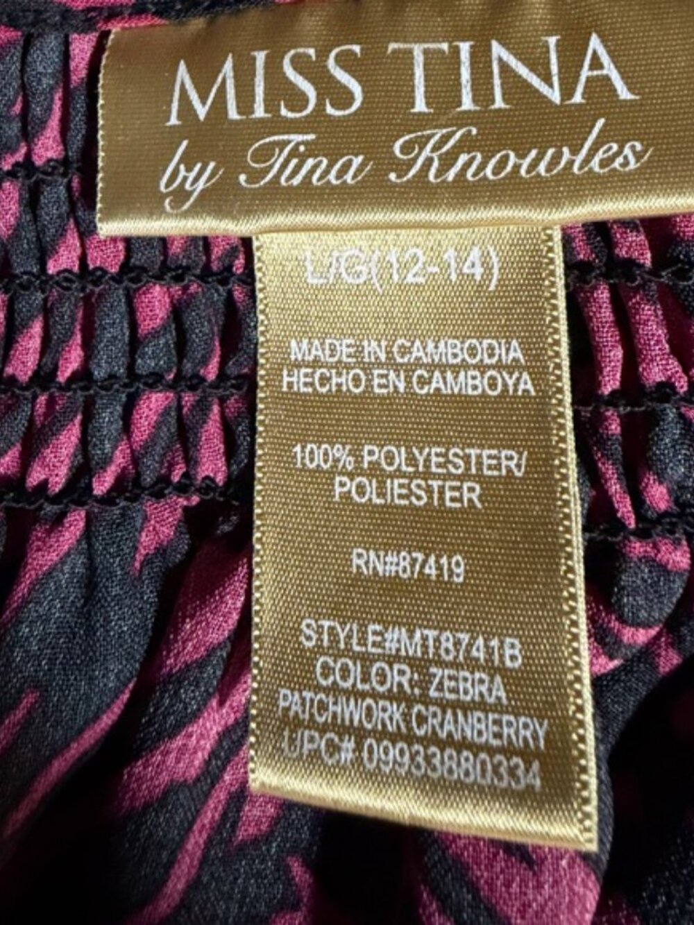 Miss Tina Tina Knowles Cranberry Zebra Print Peasant Blouse L Boho Peplum - Picture 8 of 9